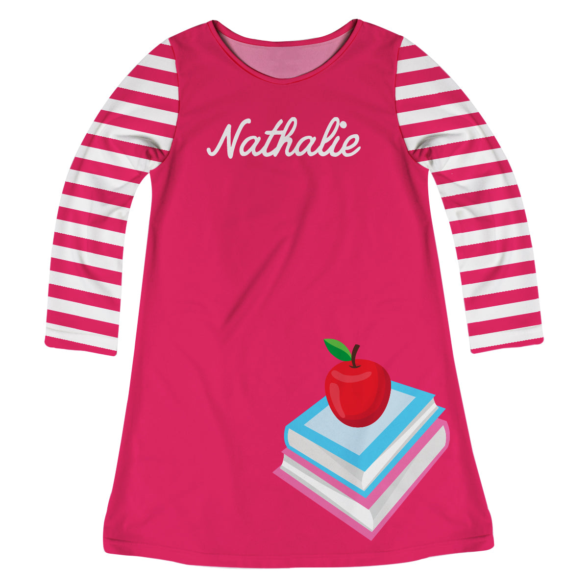 Books and Apple Personalized Name Hot Pink Long Sleeve A line