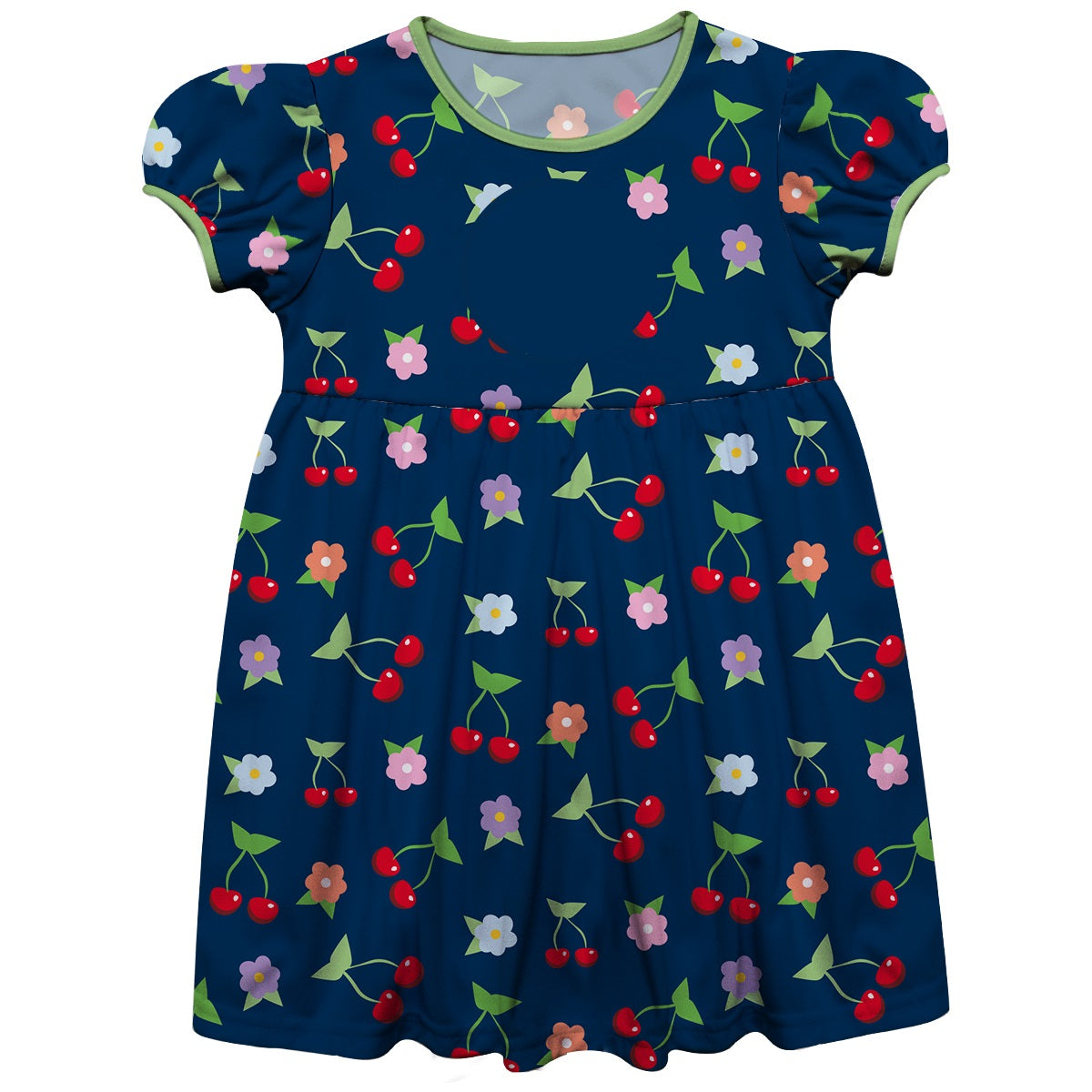 Cherries and Flowers Print Personalized Monogram Navy Short Sleeve Epic Dress - Wimziy&Co.