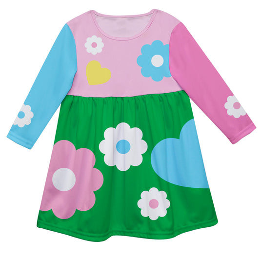 Flowers Hearts Print Pink Light Blue and Green Long Sleeve Epic Dress