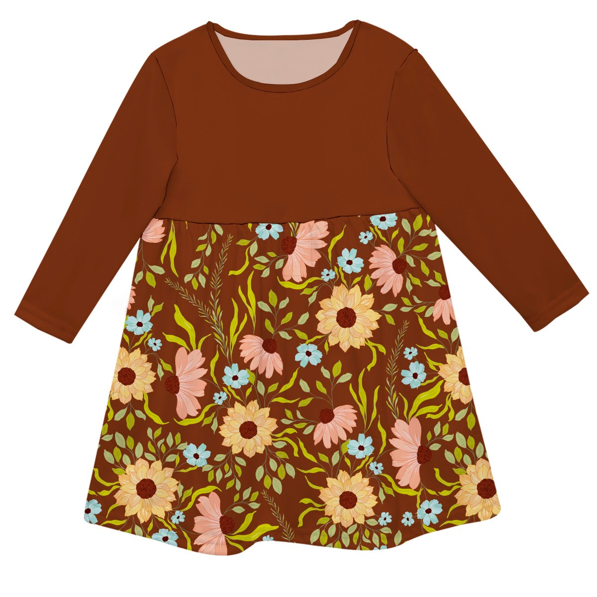 Flowers Personalized Monogram Brown Long Sleeve Epic Dress - Wimziy&Co.