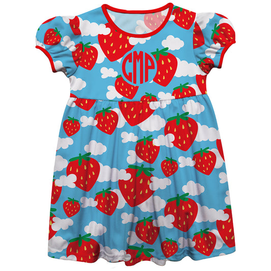 Strawberries Print Personalized Monogram Light Blue Short Sleeve Epic Dress