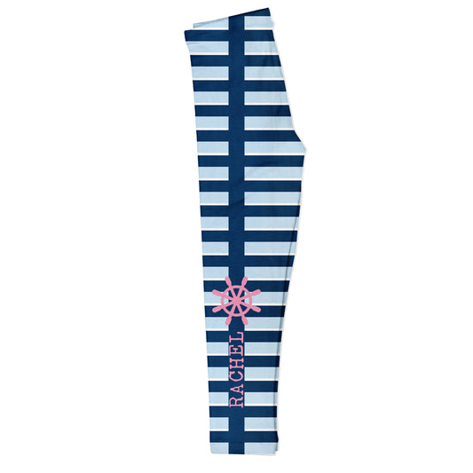 Nautical Personalized Name Light Blue and Navy Stripes Leggings