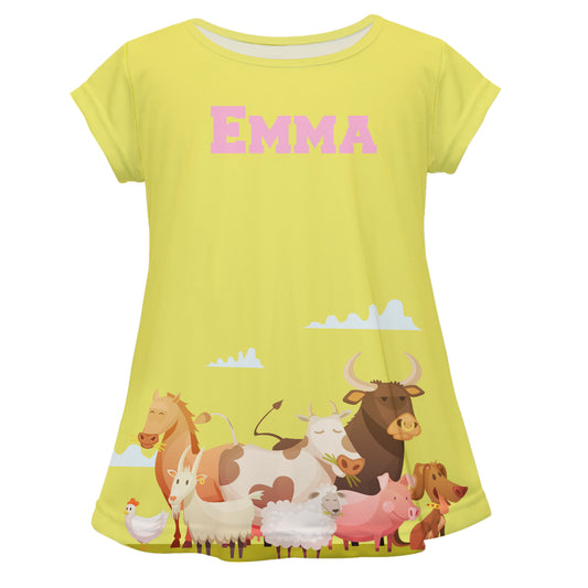 Farm Animals Personalized Name Yellow Short Sleeve Laurie Top