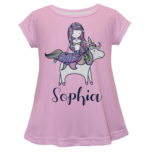 Mermaids Unicorn Personalized Name Light Pink Short Sleeve Laurie Top