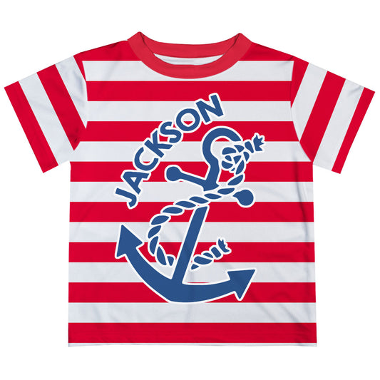 Anchor Personalized Name Red and White Stripes Short Sleeve Tee Shirt