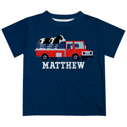 Cow and Truck Personalized Name Navy Short Sleeve Tee Shirt