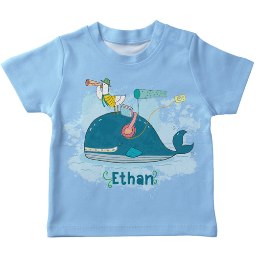 Whale and seagull Personalized Name Light Blue Short Sleeve Tee Shirt