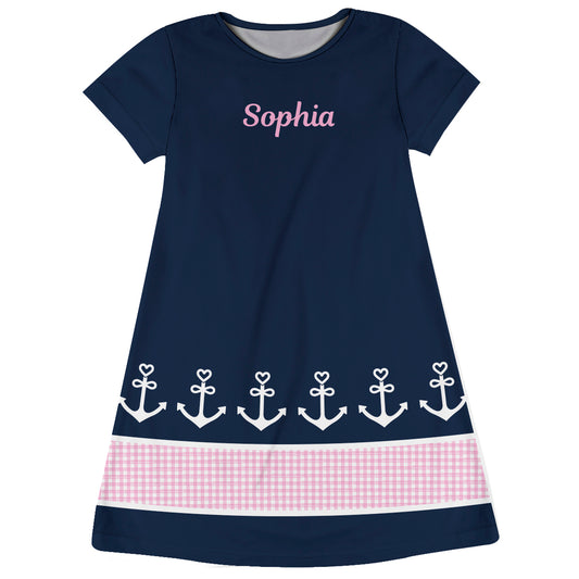 Anchors Personalized Name Navy Short Sleeve A Line Dress