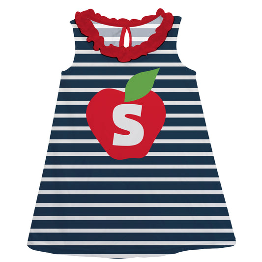 Apple Personalized Initial Name Navy and White Stripes A Line Dress