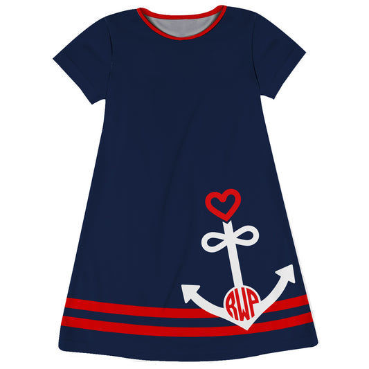 Anchor Heart Personalized Monogram Navy Short Sleeve A Line Dress