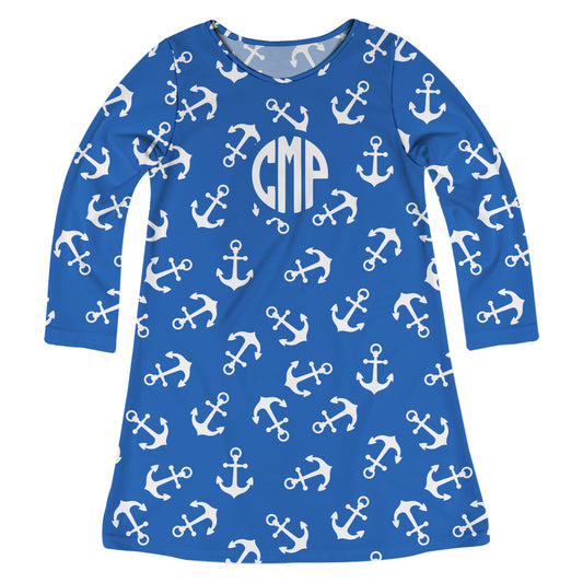 Anchor Print Personalized Monogram Royal and White Long Sleeve A Line Dress