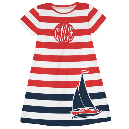 Boat Personalized Monogram White and Red Stripes Short Sleeve A Line Dress