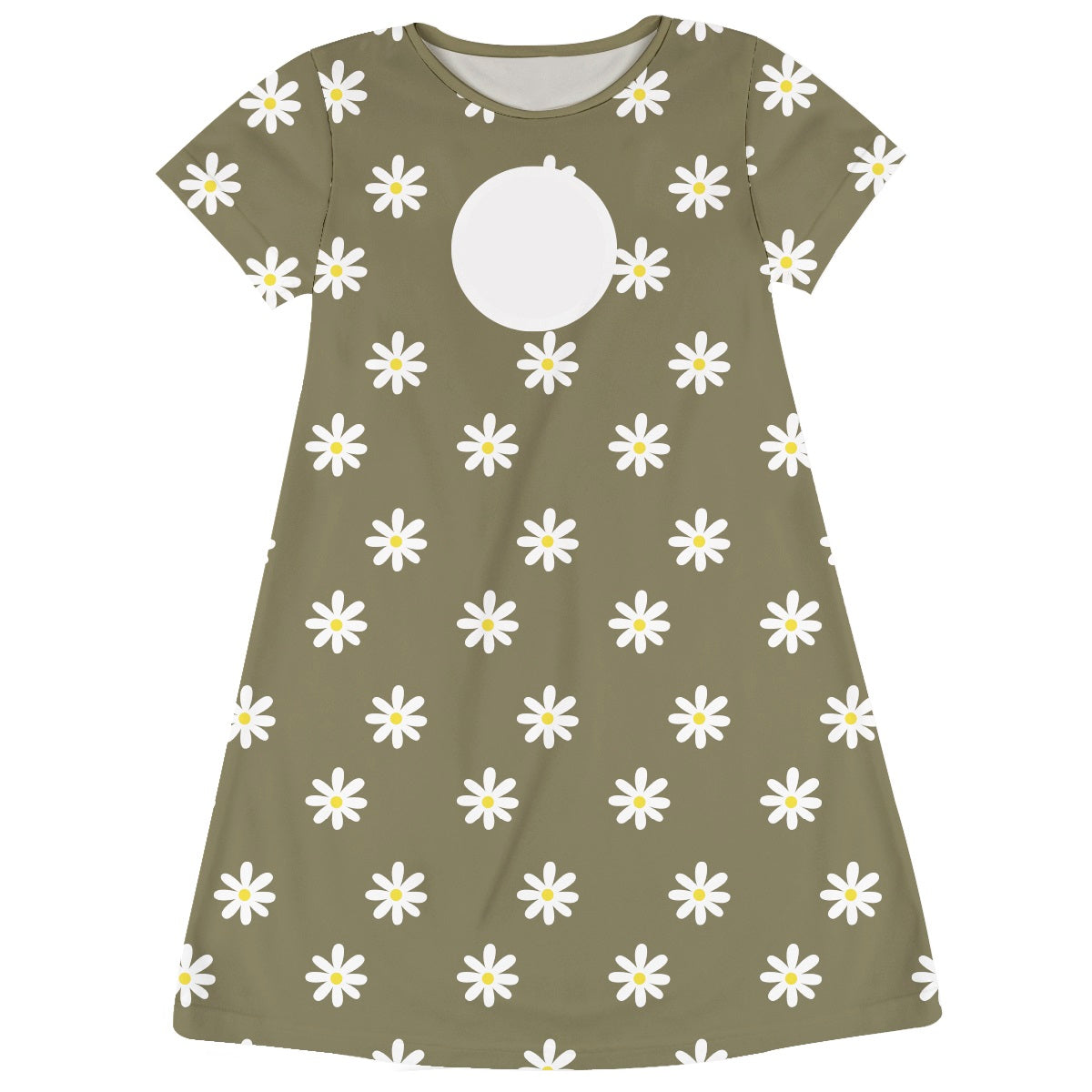 Daisy Flowers Print Personalized Monogram Olive Green Short Sleeve a Line Dress - Wimziy&Co.