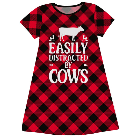 Easily Distracted By Cows Plaid Red Short Sleeve A Line Dress