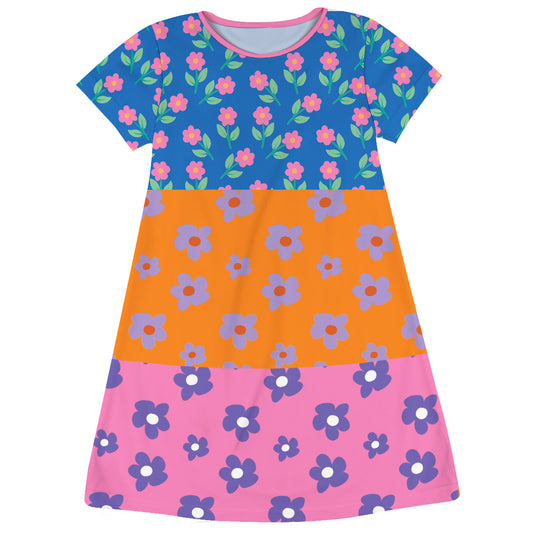 Flower Print Blue Oramge and Pink Short Sleeve A Line Dress