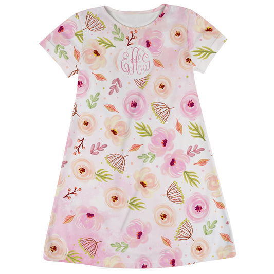 Flowers Print Monogram Pink and White Short Sleeve A Line Dress
