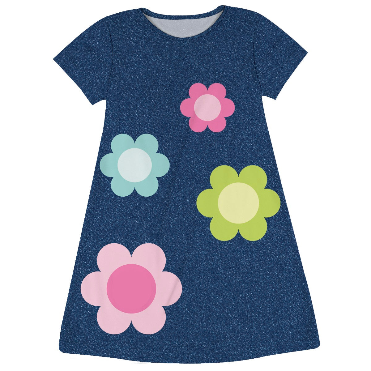 Flowers Personalized Monogram Blue Denim Short Sleeve a Line Dress - Wimziy&Co.
