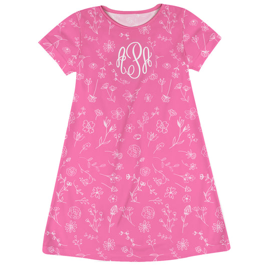 Flowers Print Personalized Monogram Pink Short Sleeve A Line Dress