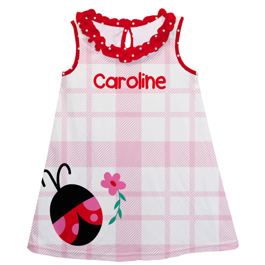 Ladybug Personalized Name Pink and White Check A Line Dress