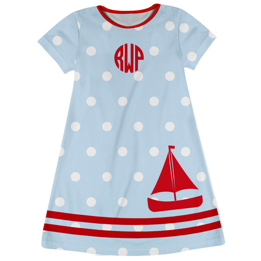 Sailboat Personalized Monogram Light Blue Polka Dots A Line Dress