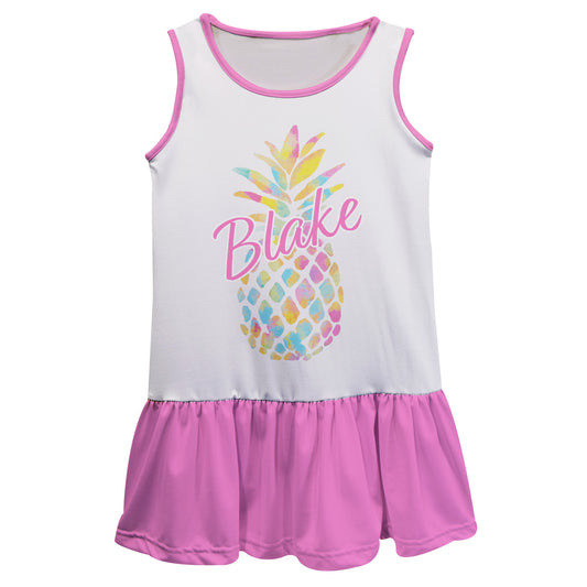 Pineapple Name White and Pink Short Sleeve Lily Dress