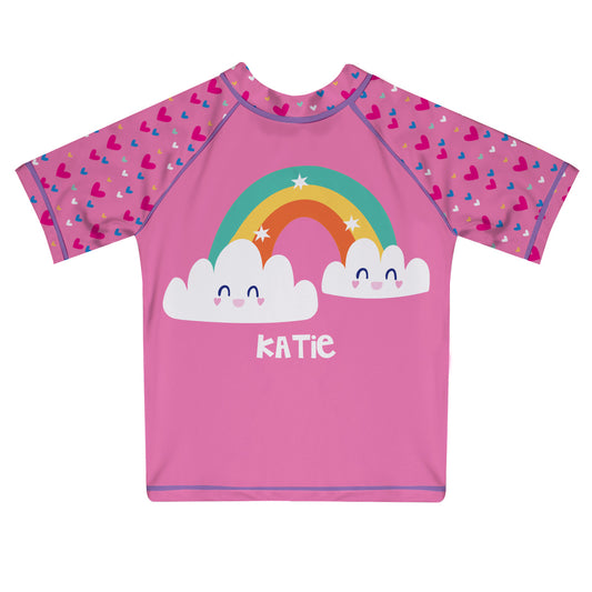 Rainbow Personalized Name Pink Short Sleeve Rash Guard