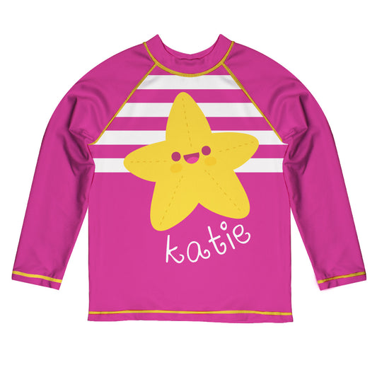Starfish Personalized Name Hot Pink and White Stripes Long Sleeve Rash Guard