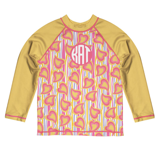 Abstract Hearts Print Personalized Monogram Pink and Yellow Long Sleeve Rash Guard