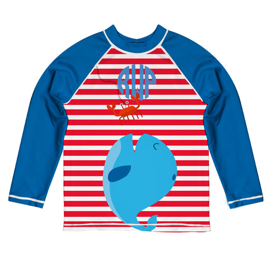 Crab and Whale Personalized Monogram Blue White and Red Stripes Long Sleeve Rash Guard