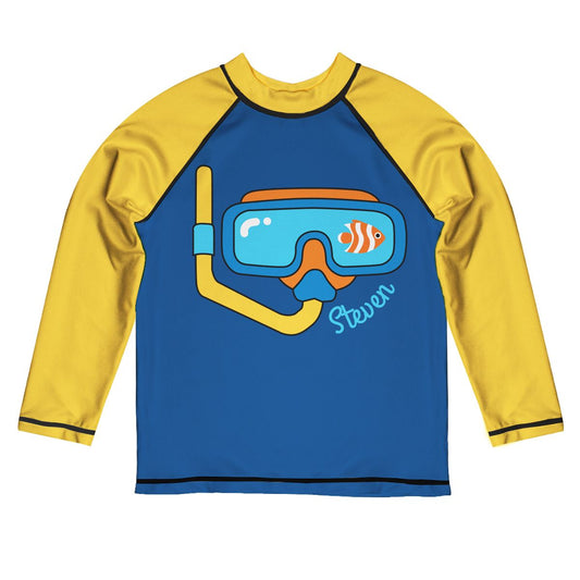 Explore The Sea Personalized Name Blue and Yellow Long Sleeve Rash Guard