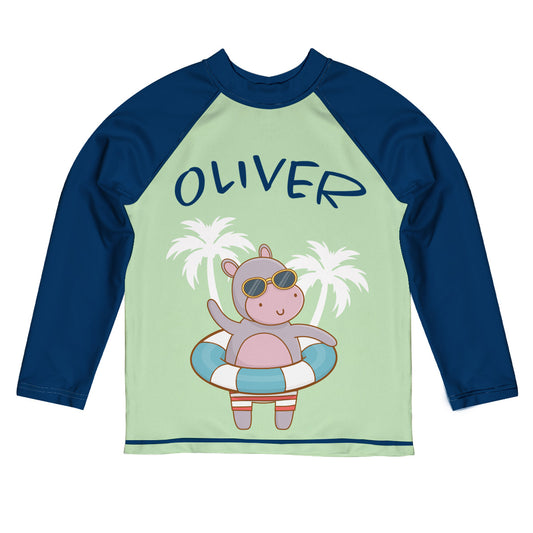 Hippo Personalized Name Light Green and Navy Long Sleeve Rash Guard
