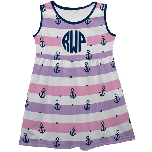 Anchors Print Monogram White Purple and Pink Stripes Tank Dress