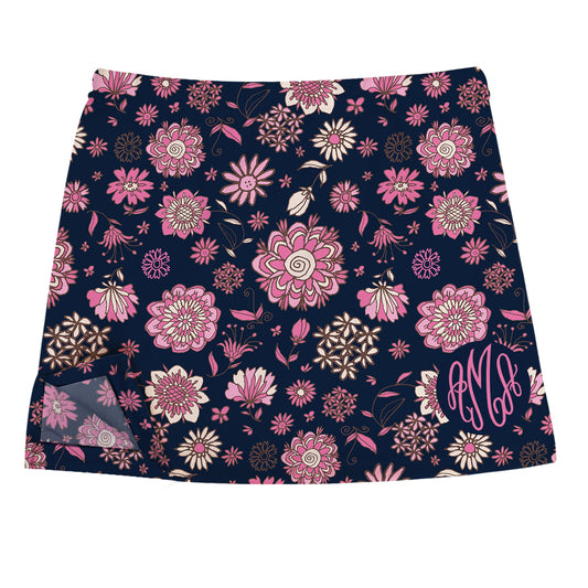 Flowers Print Monogram Navy Skirt With Side Vents
