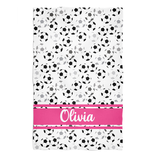 Soccer Ball Print Personalized Name White Towel 51 x 32""