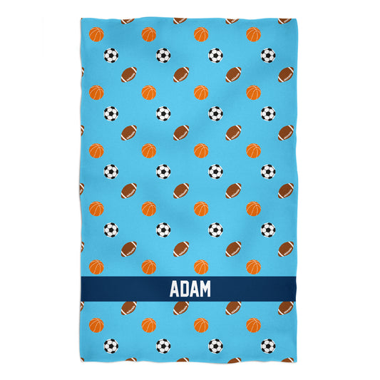Sport Balls Print Personalized Name Turquoise Towel 51 x 32""