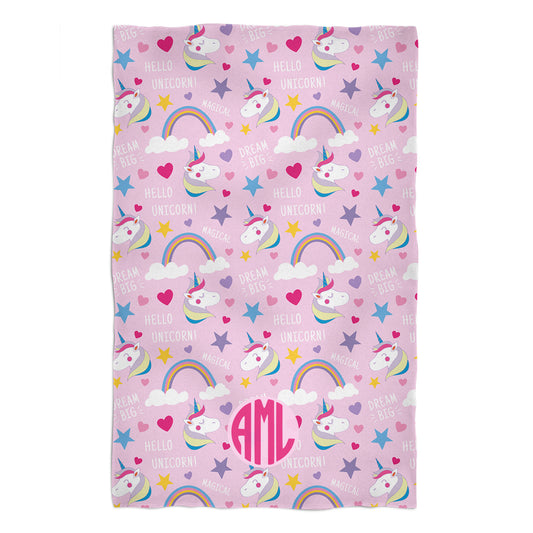 Unicorns and Rainbows Print Monogram Pink Towel 51 x 32""