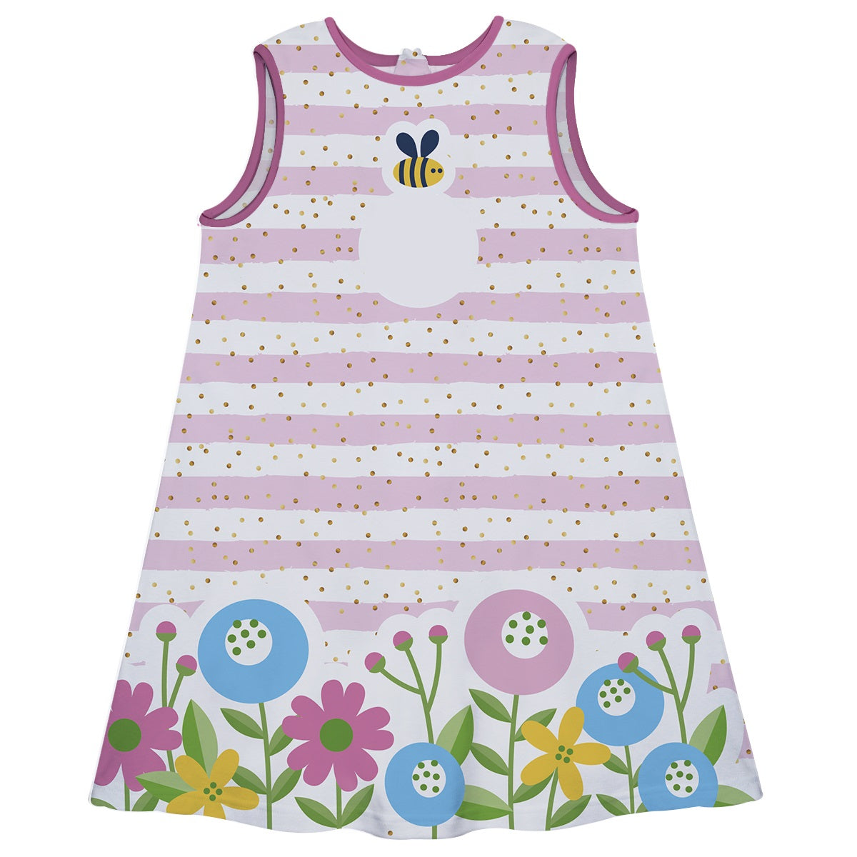 Bee Flowers Print Personalized Monogram White and Pink Stripes A Line Dress - Wimziy&Co.