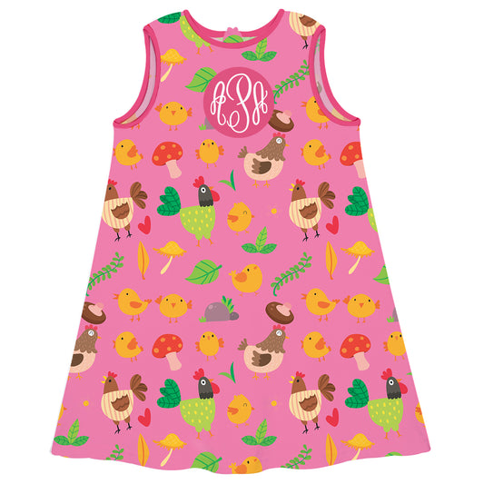 Chicken Hen and Rooster Print Personalized Monogram Pink A Line Dress