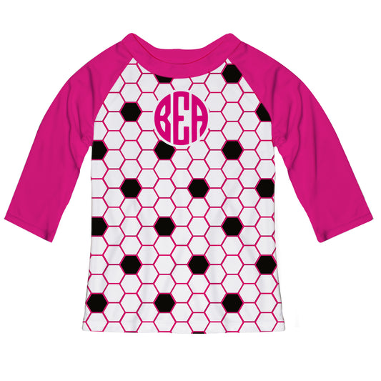 Soccer Ball Print Monogram White and Hot Pink Tee Shirt 3/4 Sleeve