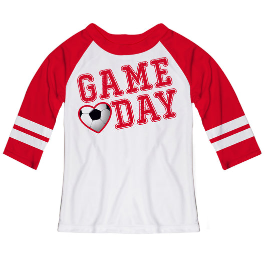 Game Day Soccer White and Red Ranglan Tee Shirt 3/4 Sleeve