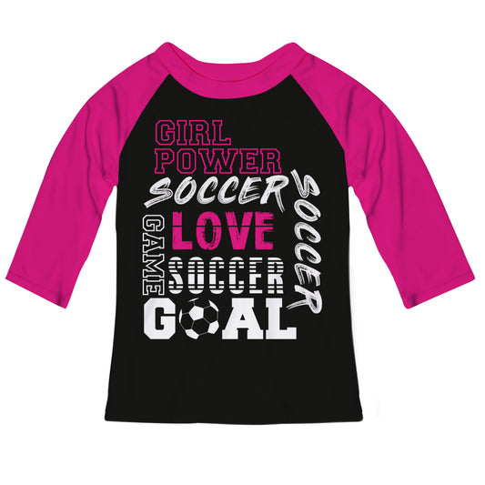 Girls Love Soccer Black and Hot Pink Raglan Tee Shirt 3/4 Sleeve