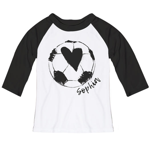 Soccer Heart Name White and Black Ranglan Tee Shirt 3/4 Sleeve