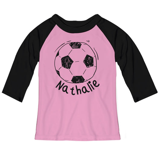 Soccer Ball Personalized Name Pink and Black Raglan Tee Shirt 3/4 Sleeve