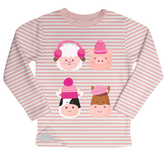 Cute Farm Animals Pink and White Stripes Fleece Sweatshirt with Side Vents