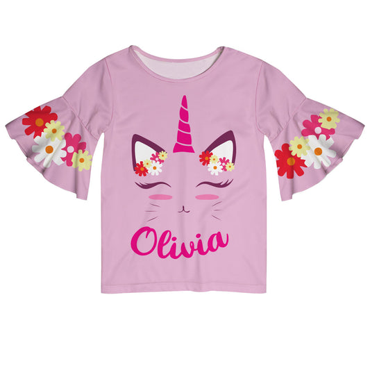 Cat Name Flowers Pink Short Sleeve Ruffle Top