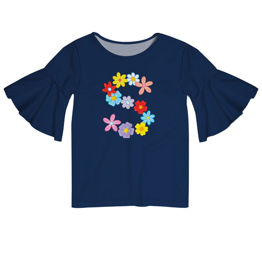 Flowers Personalized Initial Name Navy Short Sleeve Ruffle Top