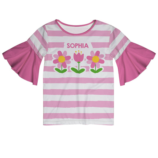 Flowers Name Pink and White Stripes Short Sleeve Ruffle Top