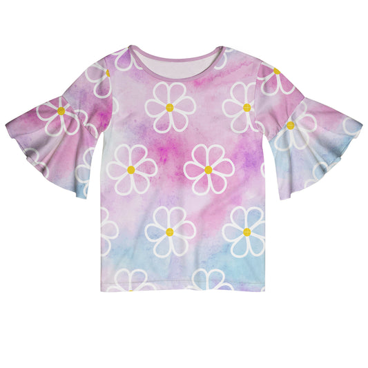 Flowers Print Pink And Blue Watercolor Short Sleeve Ruffle Top
