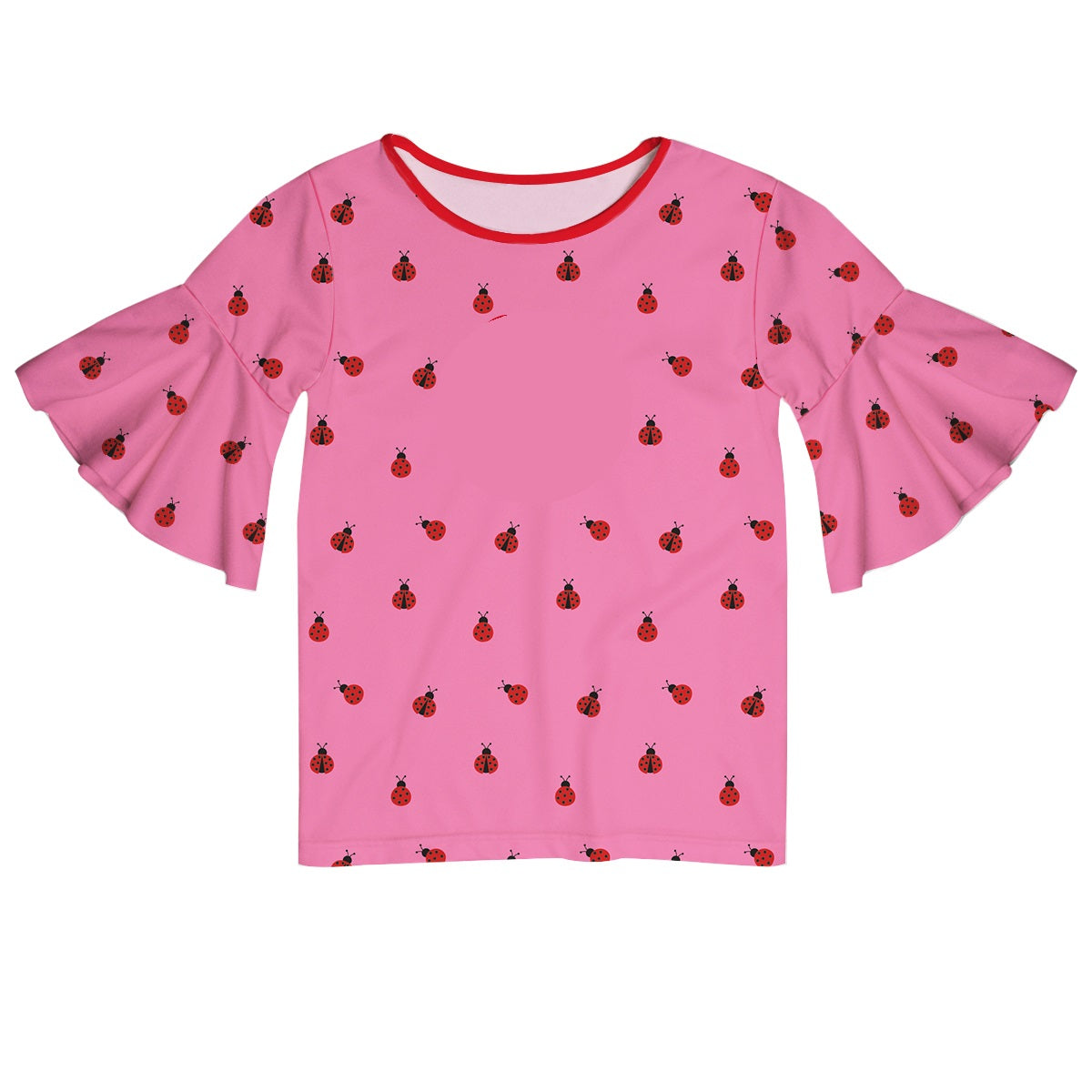Ladybugs Print Monogram Pink Short Sleeve Ruffle Top - Wimziy&Co.