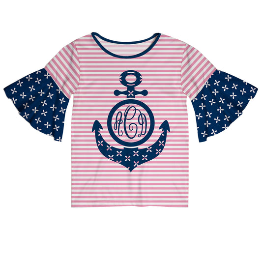 Anchor Personalized Monogram White and Pink Short Sleeve Ruffle Top
